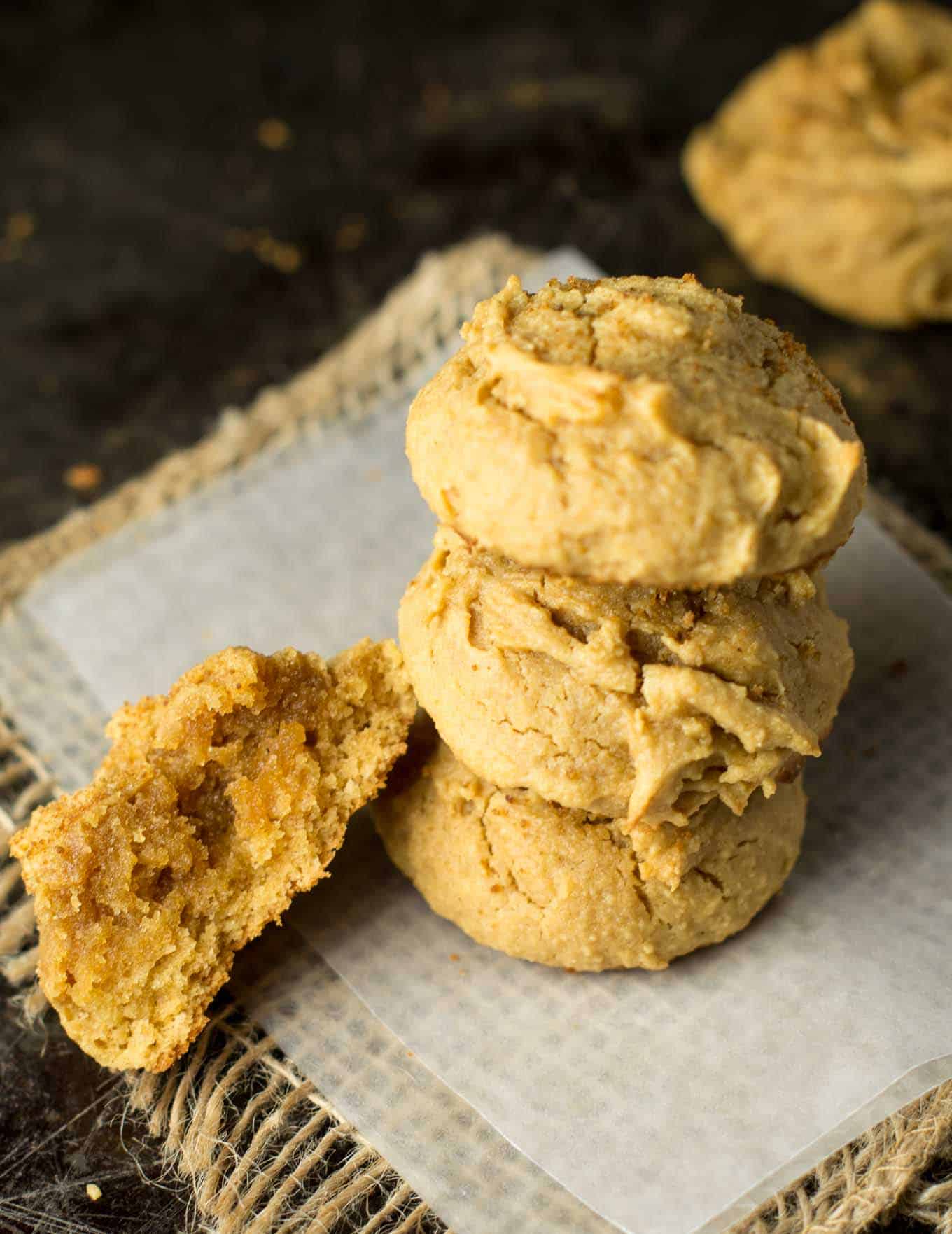 Perfect fluffy peanut butter cookies are an easy gluten free and wholesome dessert. Made with coconut flour, naturally sweetened and made in just one bowl.
