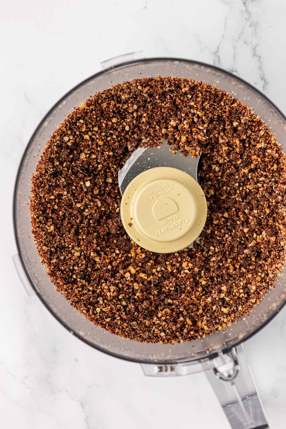 dark chocolate chips and cashews pulsed into small pieces in a food processor