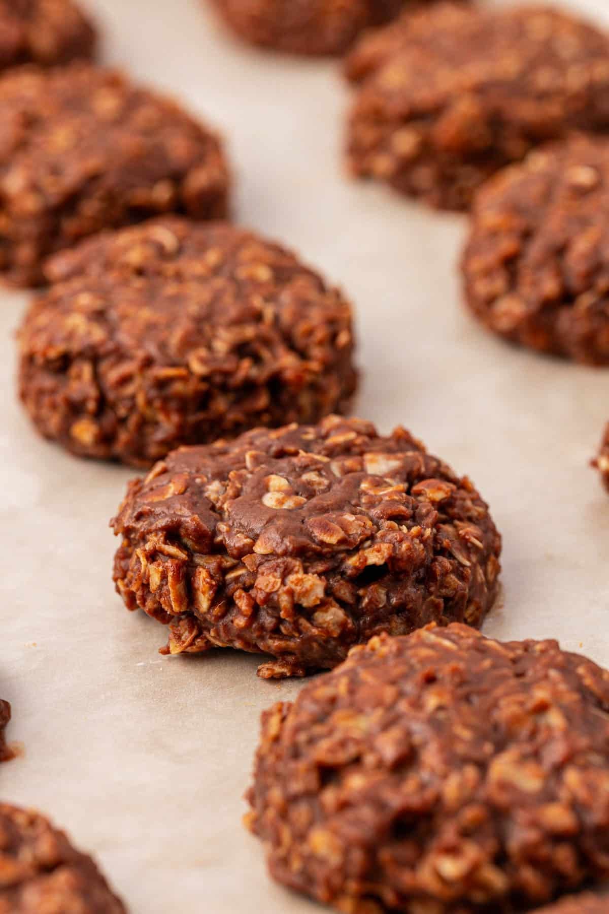 healthy no bake cookies on a baking sheet