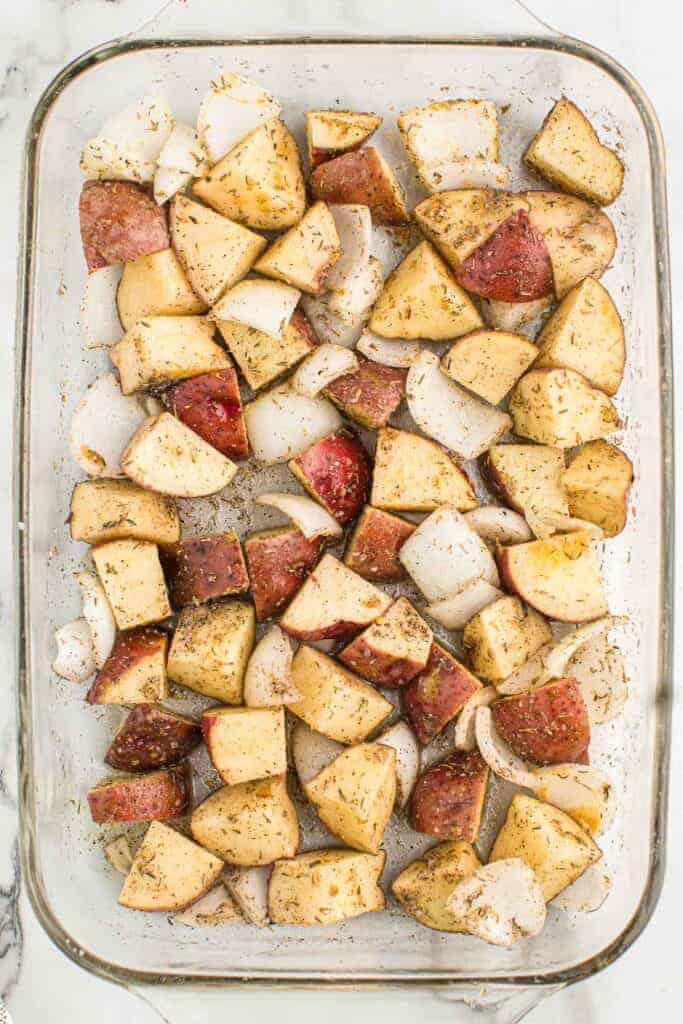 roasted potatoes in a baking dish