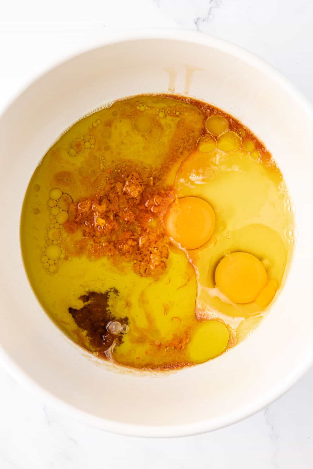 wet ingredients in a mixing bowl