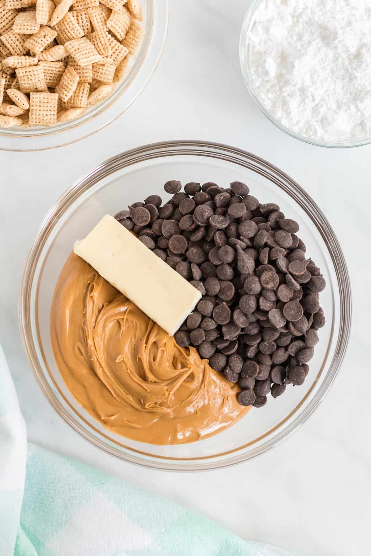peanut butter, vegan butter, and chocolate chips in a bowl