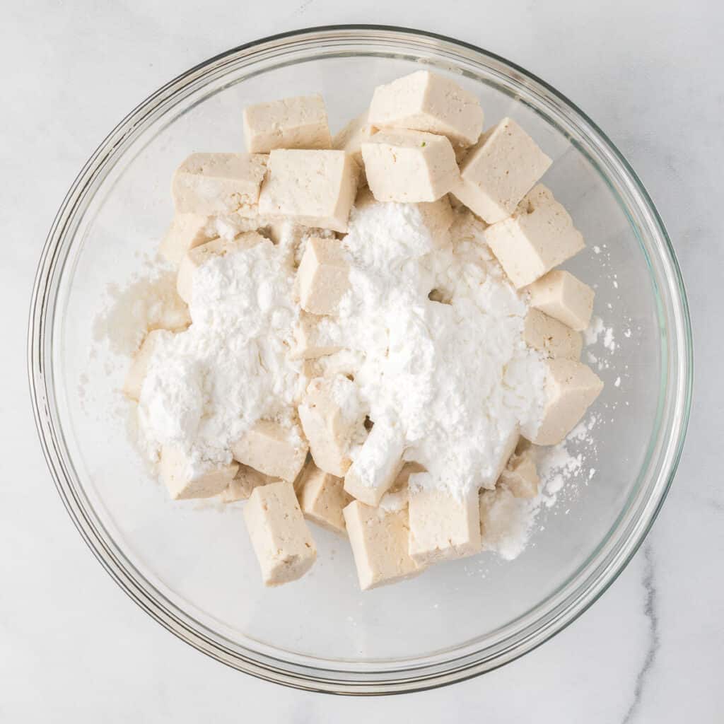 cornstarch added to the cubed tofu