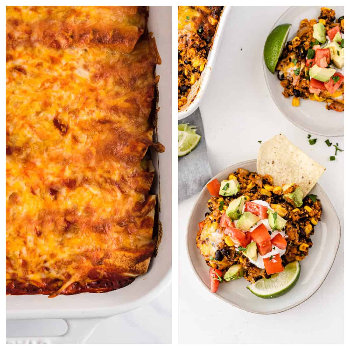 collage image showing enchiladas and quinoa mexican casserole