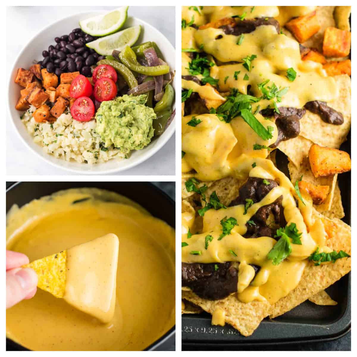 collage image showing a burrito bowl, nacho cheese sauce, and a sheet pan of nachos