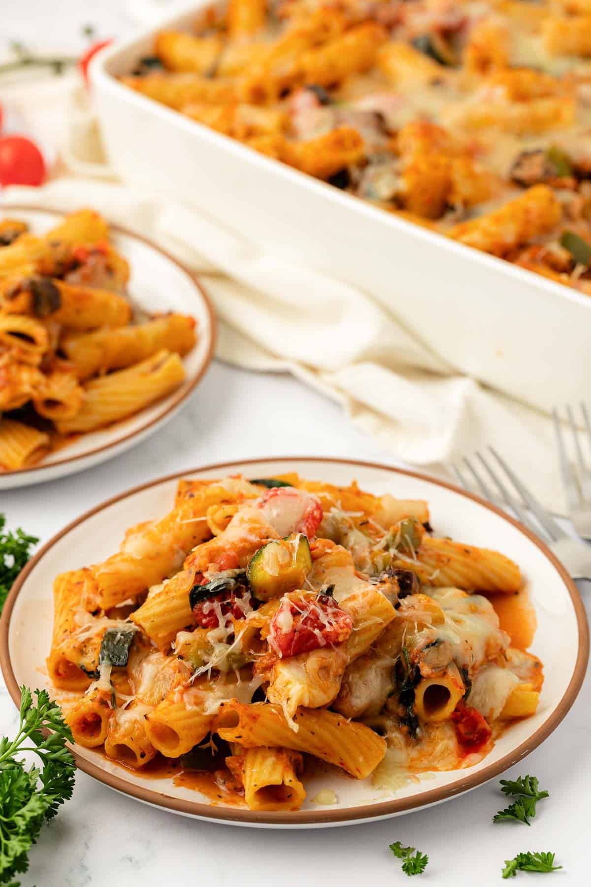vegetable rigatoni on a plate