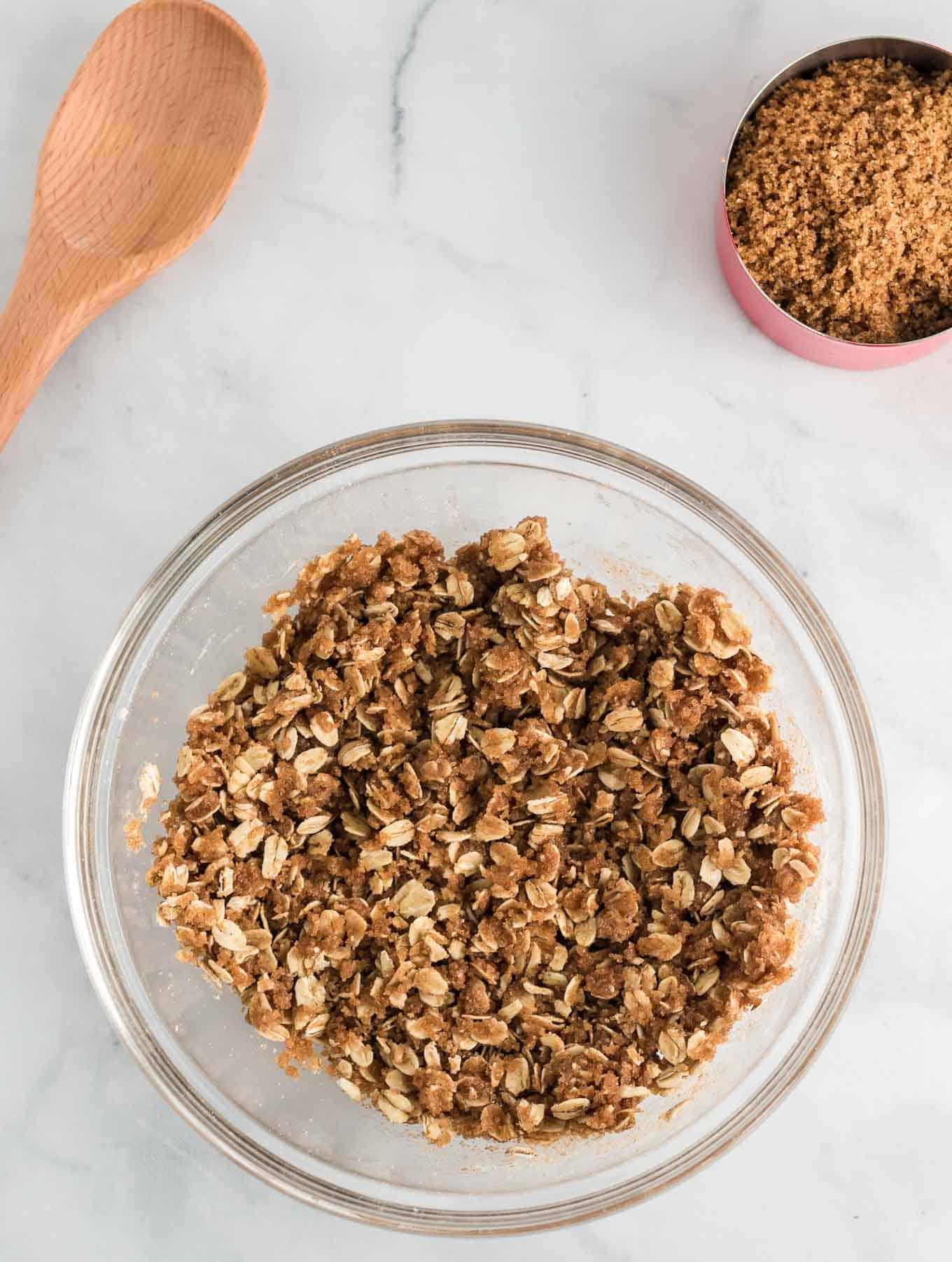the crisp topping mixed together in a mixing bowl