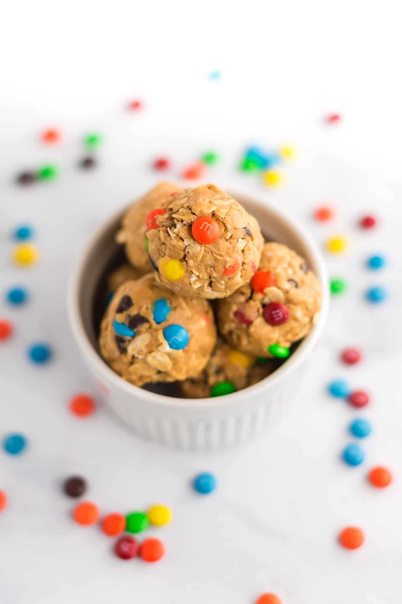 finished monster cookie energy bowls stacked in a white ramekin