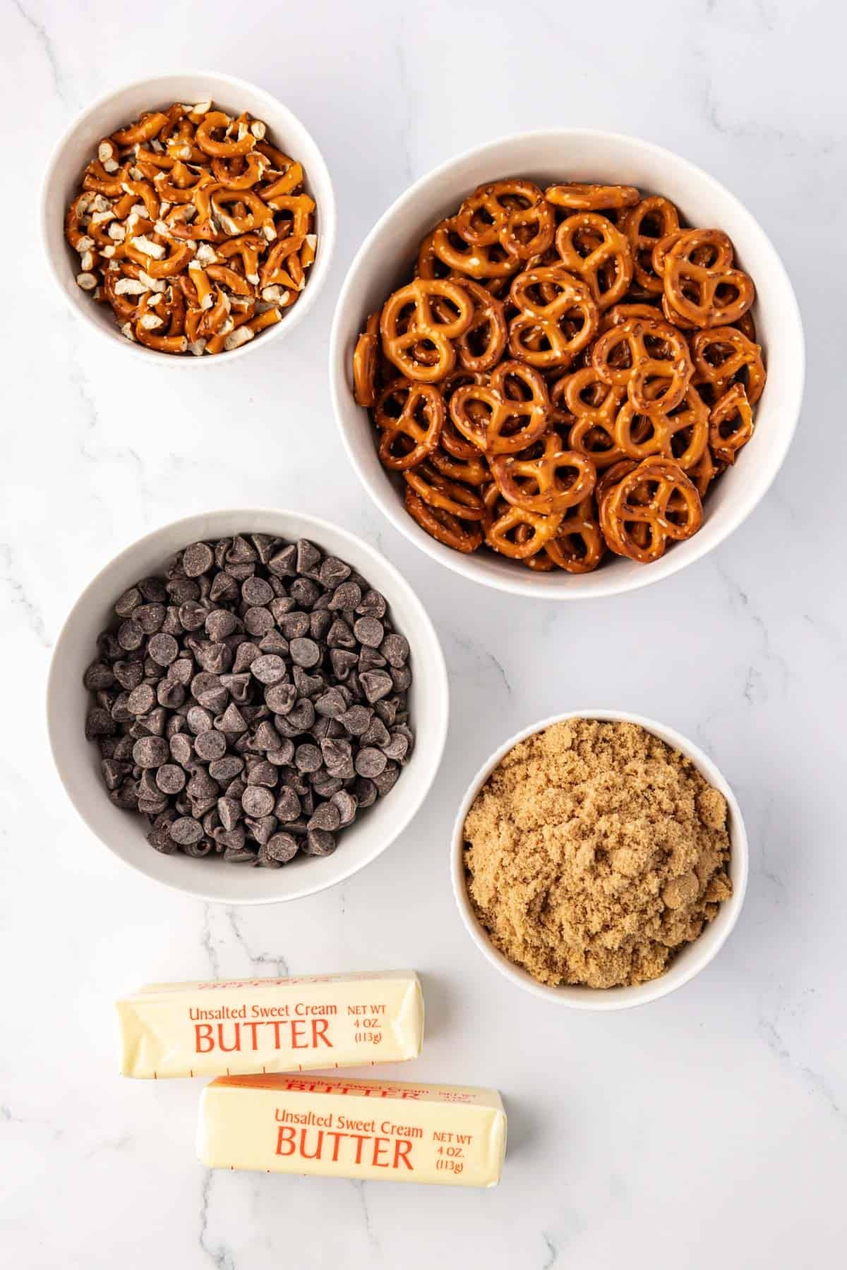 chocolate chips, pretzels, brown sugar, and butter