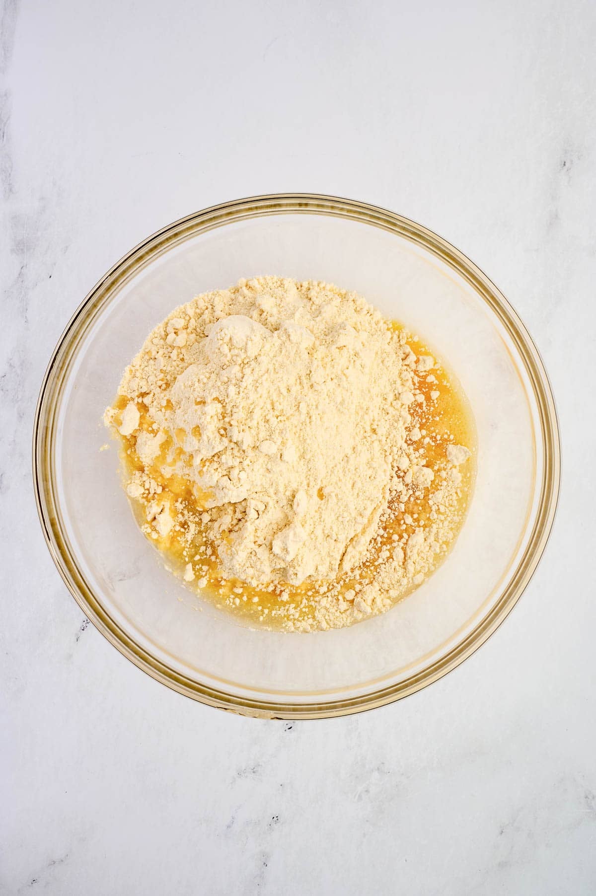 eggs, oil, and cake mix in a mixing bowl