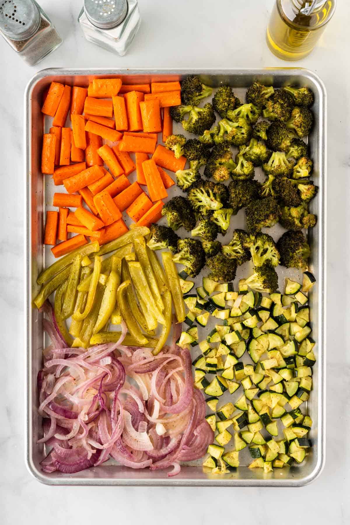 roasted vegetables on a baking sheet