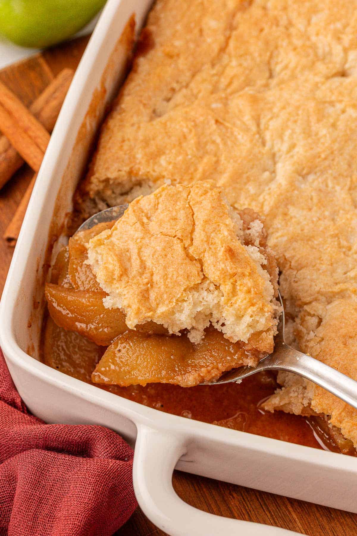 cake mix apple cobbler in a baking dish