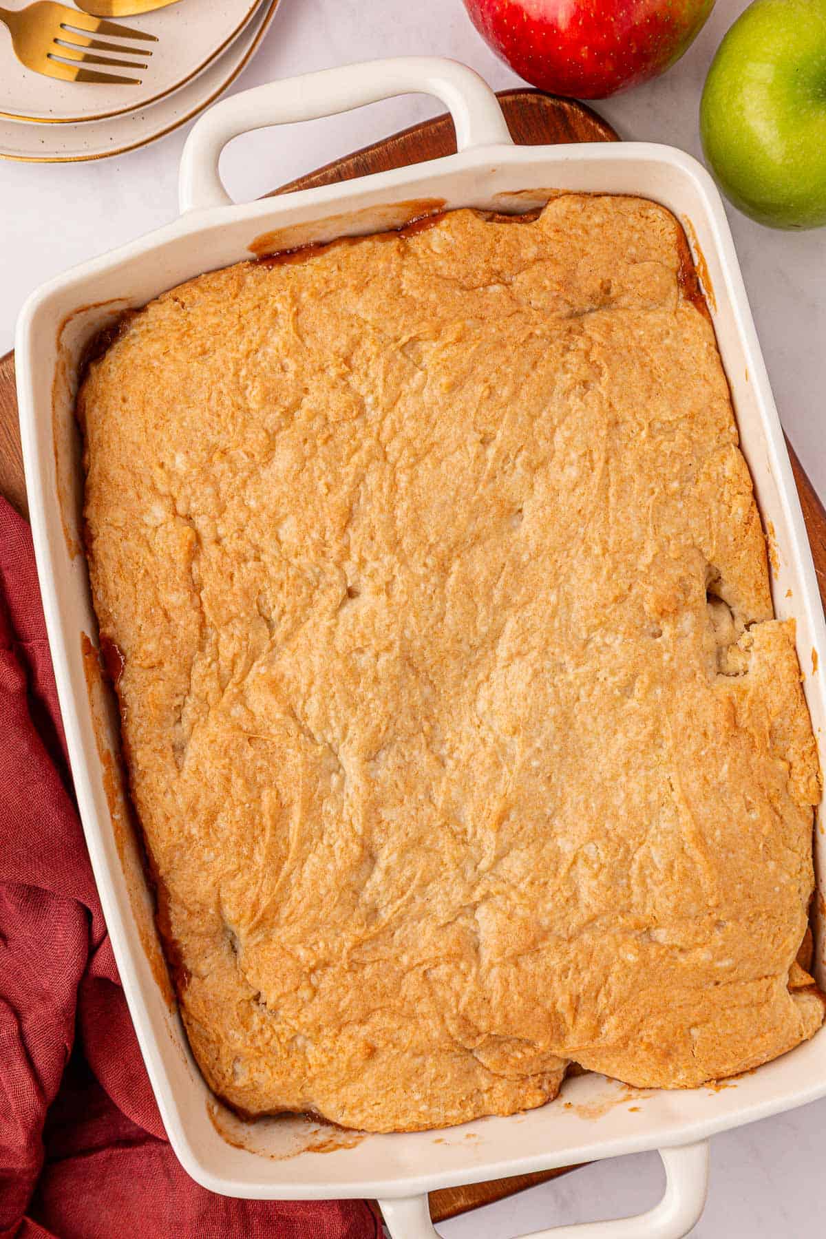 cake mix apple cobbler in a baking dish