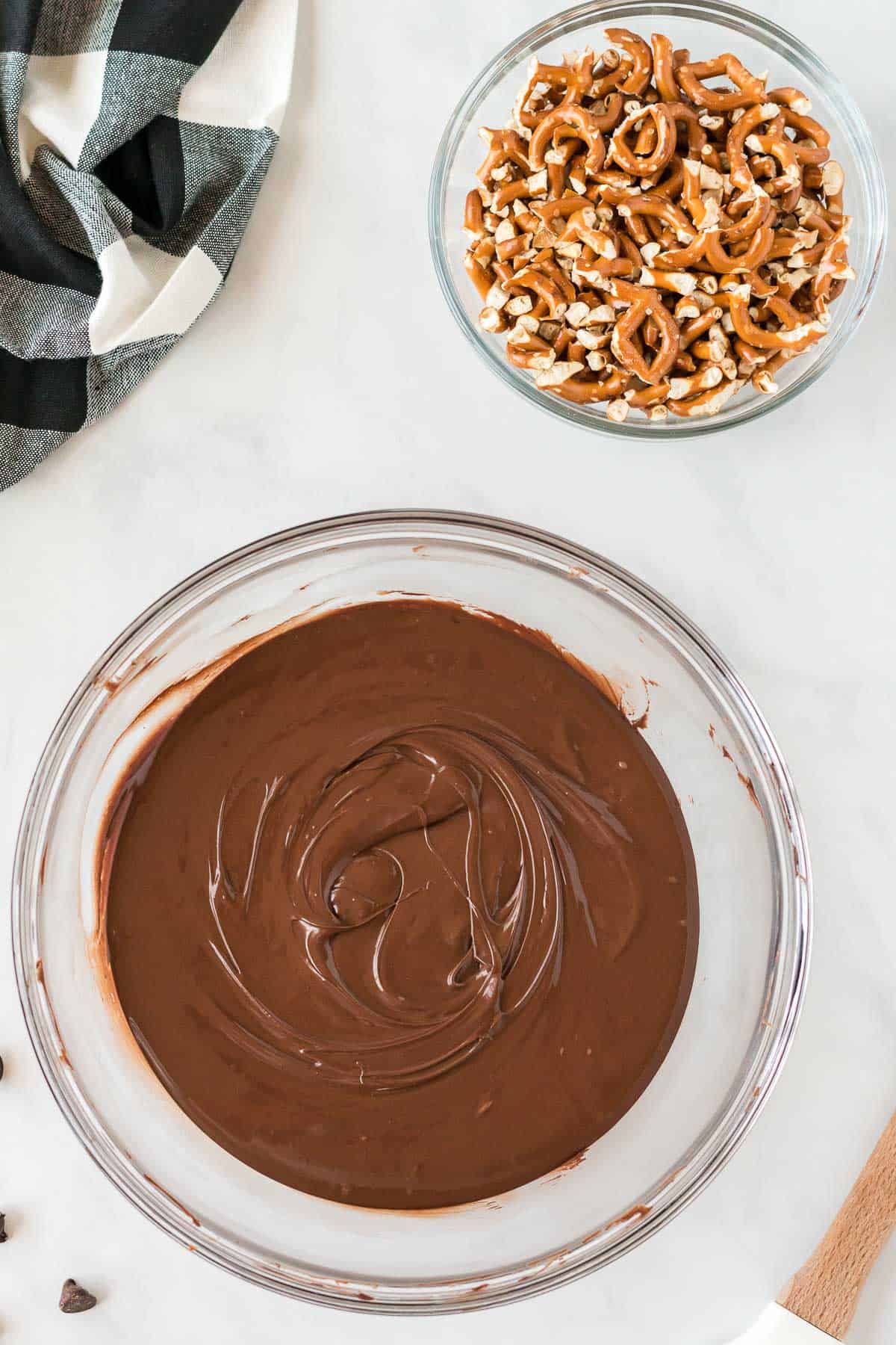 melted chocolate and crushed pretzels