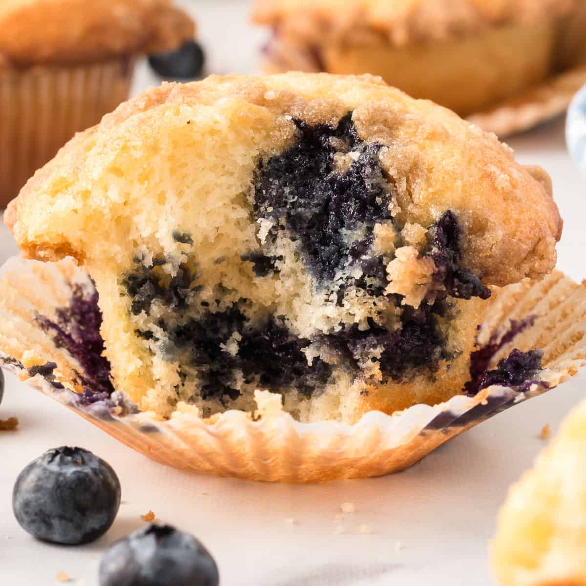 blueberry muffin with a bite taken out