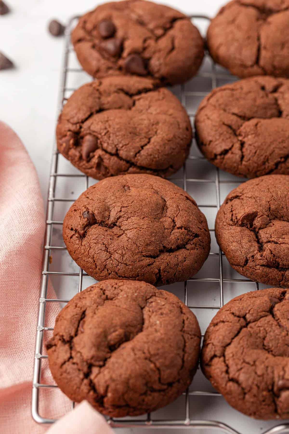 chocolate cake mix cookies on a wire cooling rack