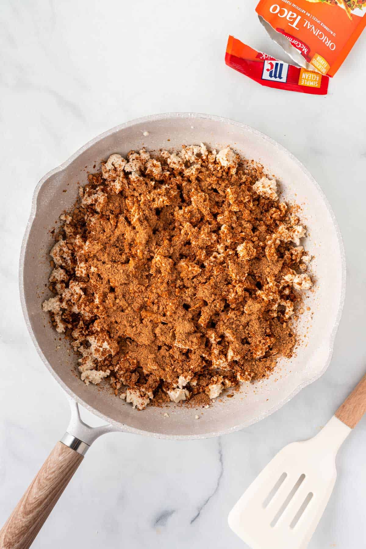 taco seasoning added to the tofu crumbles