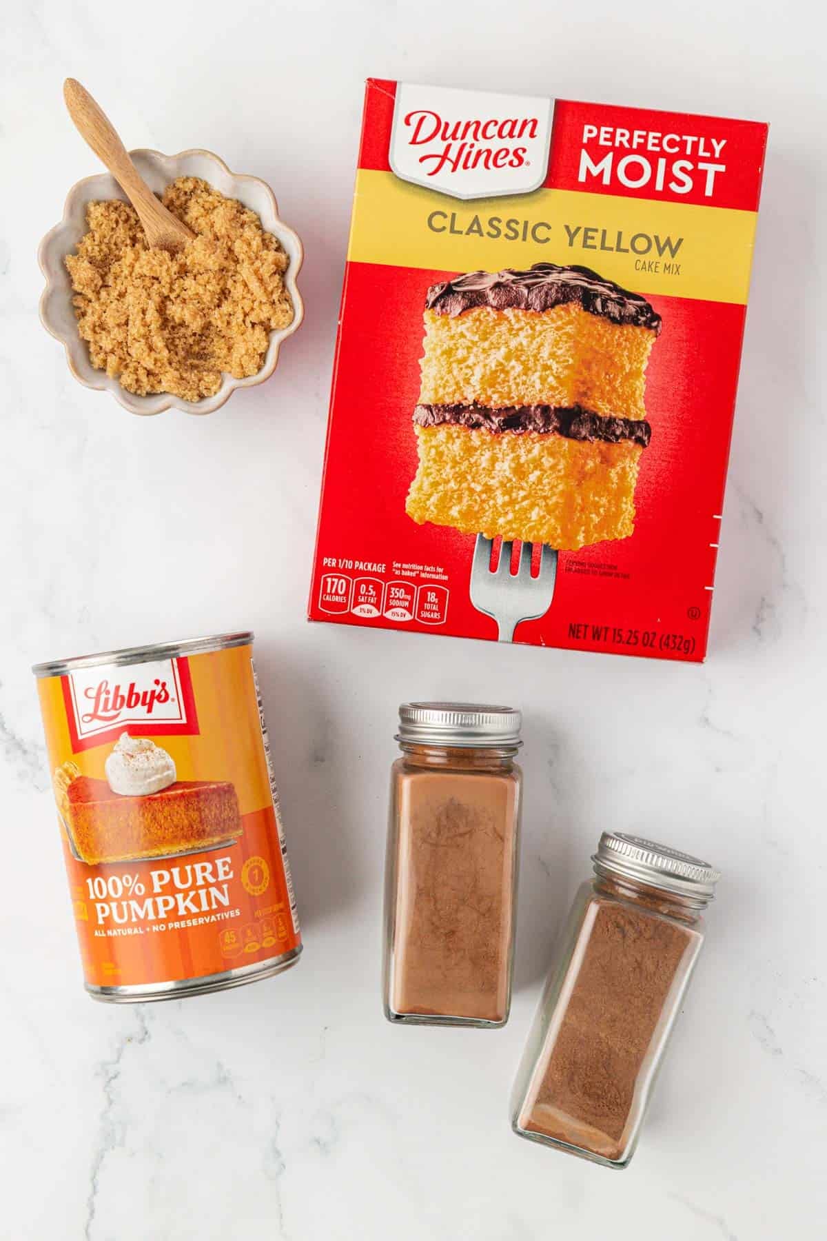 ingredients to make cake mix pumpkin muffins