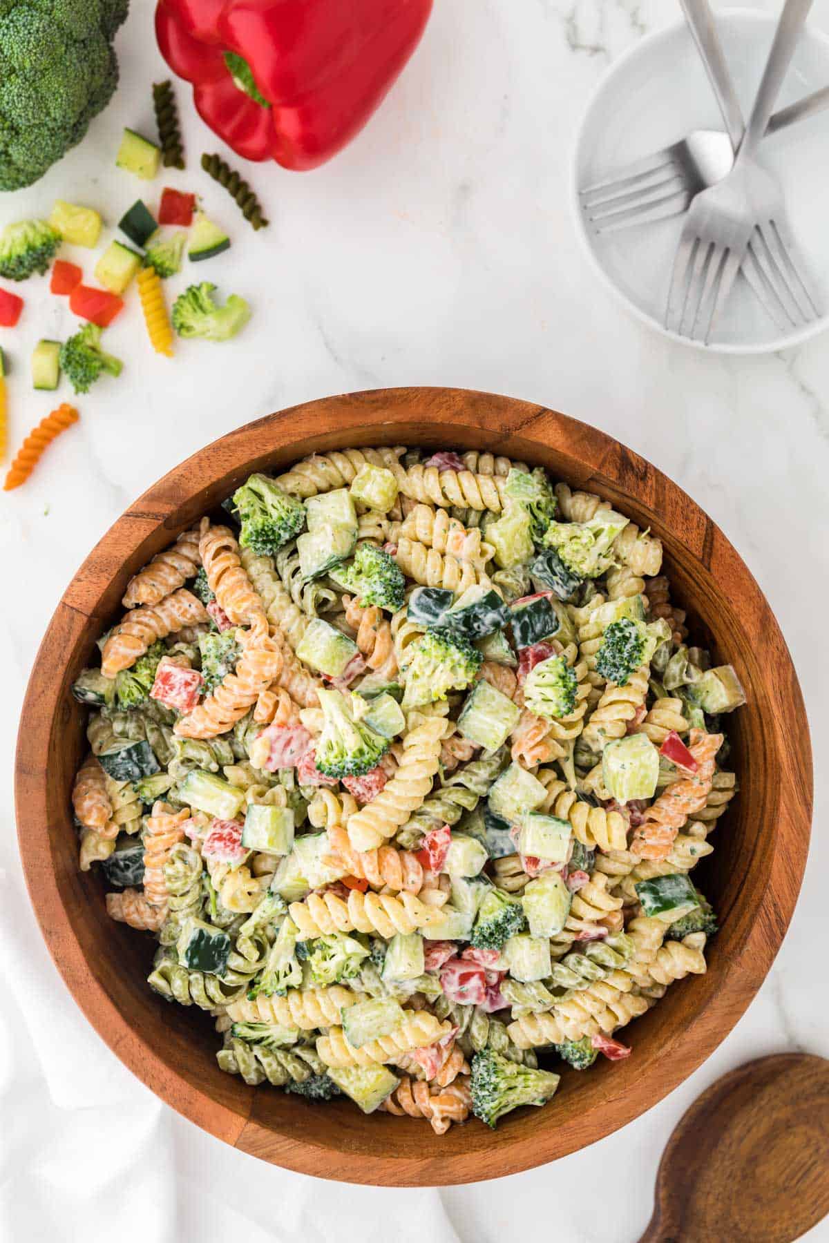 ranch pasta salad in a wooden serving bowl