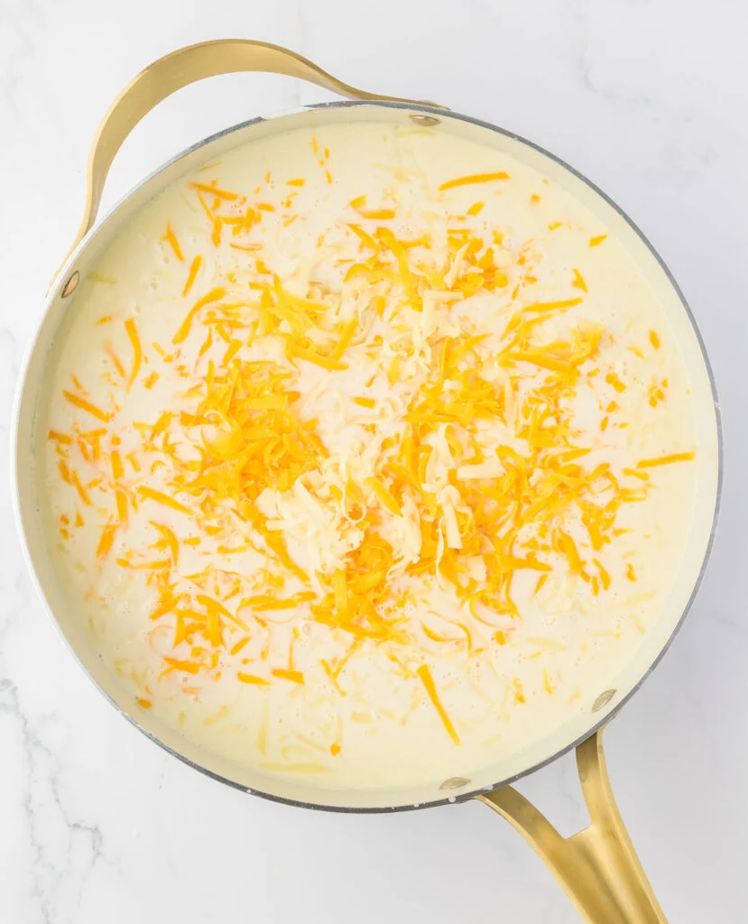 mac and cheese sauce in a skillet