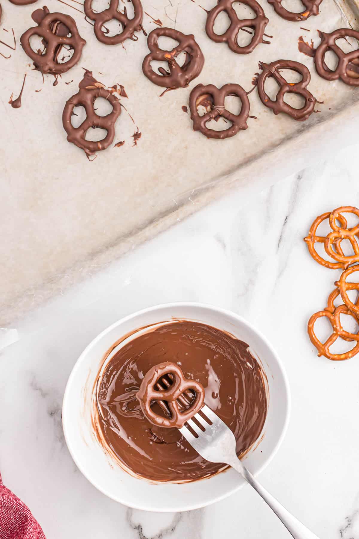 pretzel dipped in melted dark chocolate