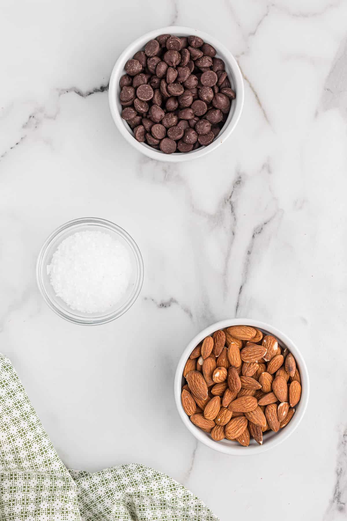 raw almonds, dark chocolate chips, and sea salt