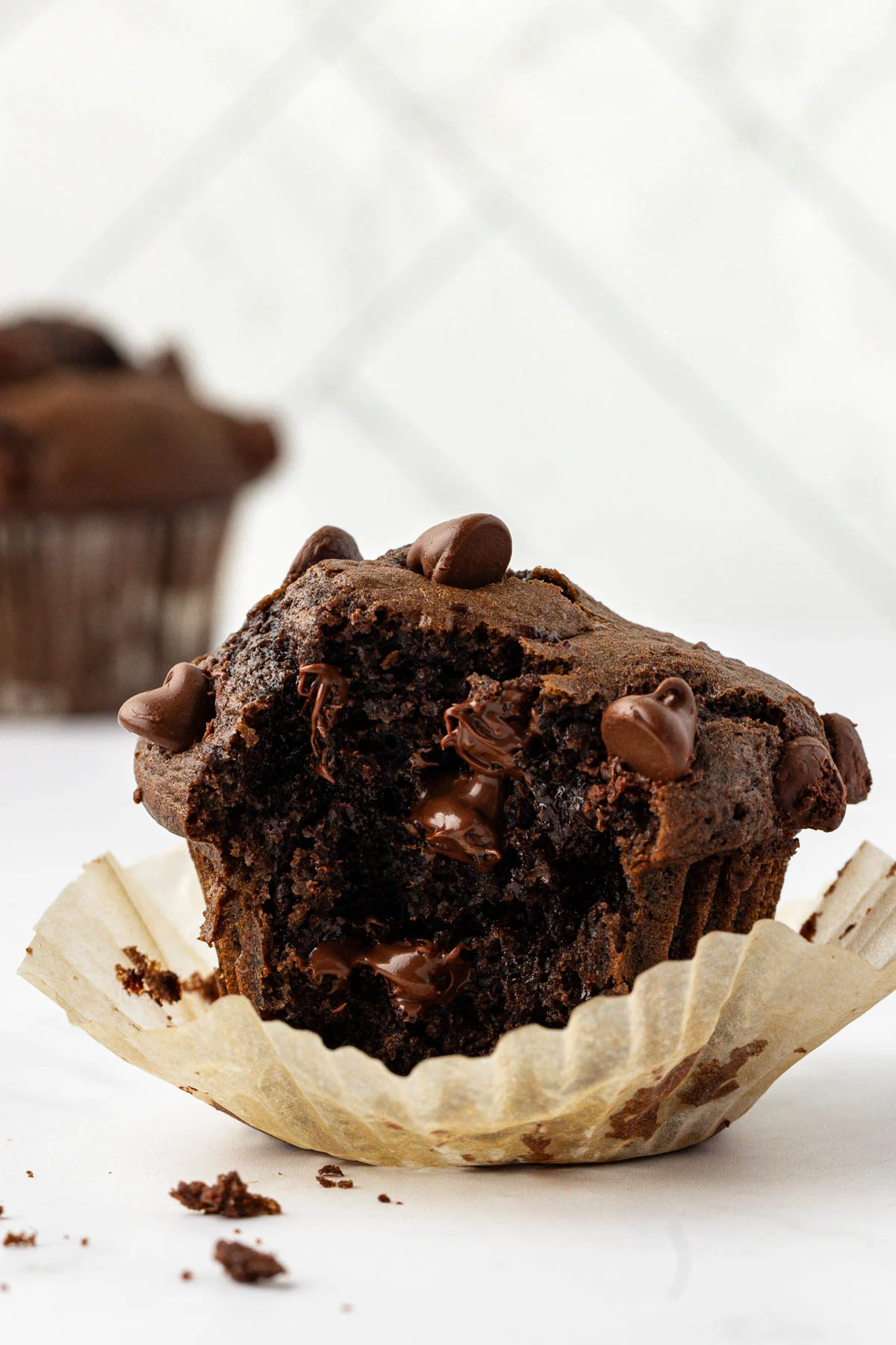 chocolate muffin with a bite taken out