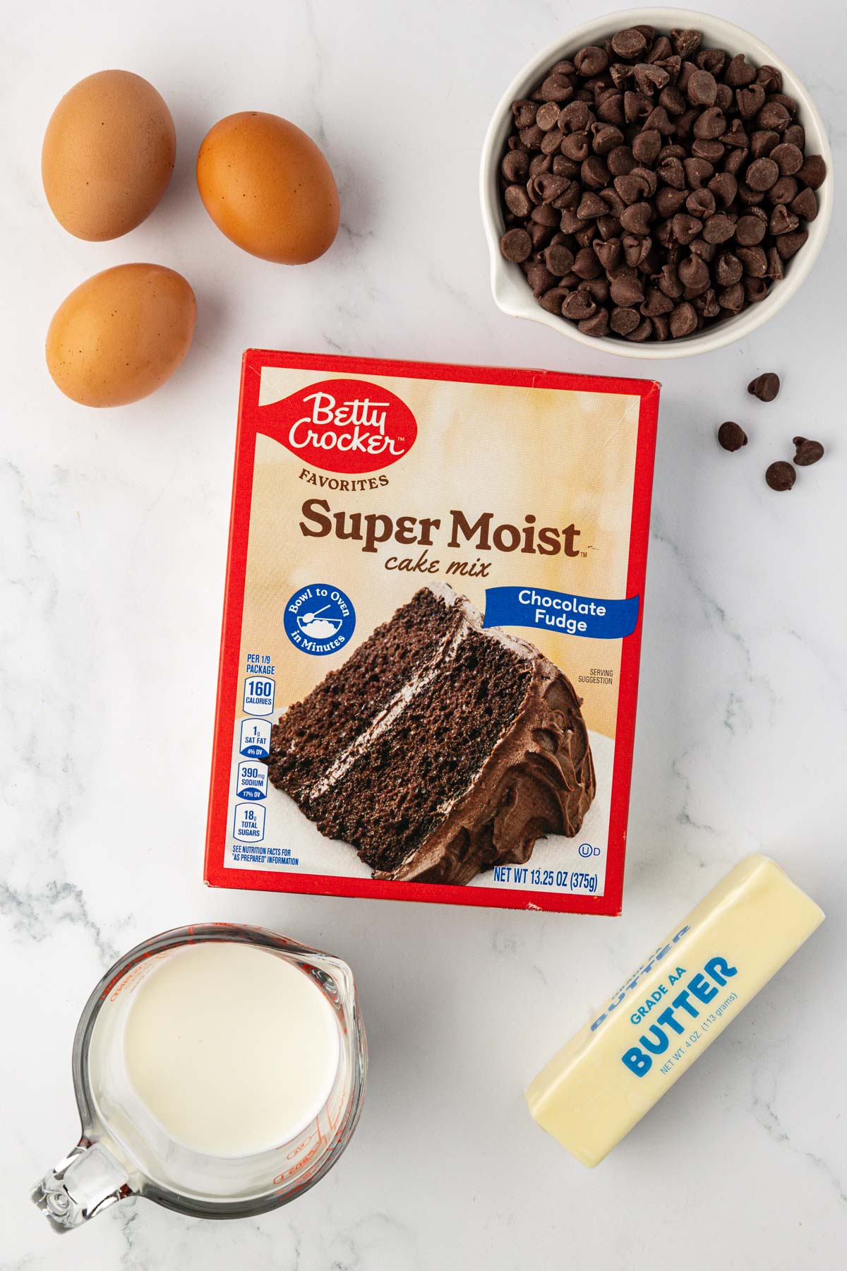 cake mix, eggs, chocolate chips, milk, and butter
