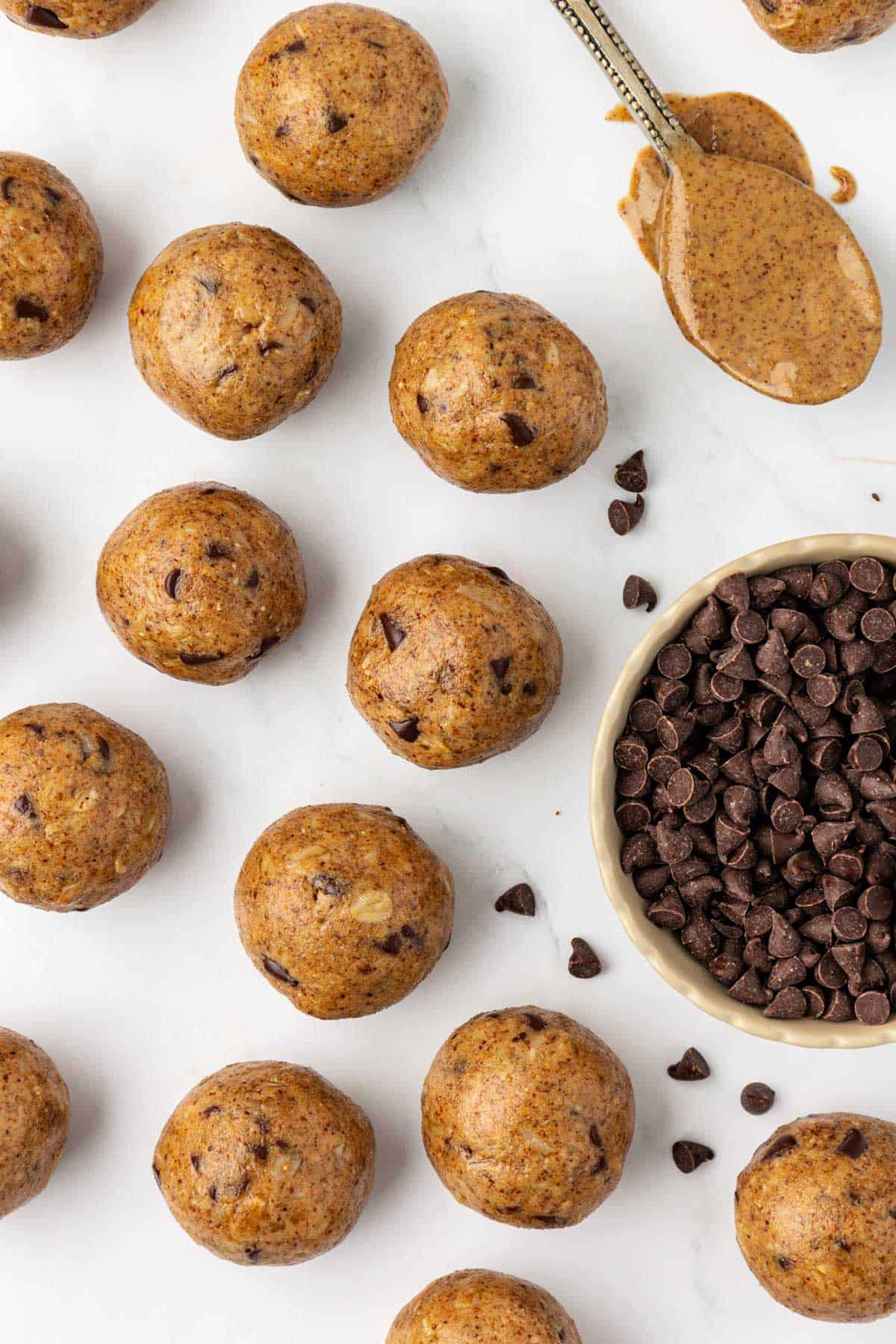 almond butter protein balls with oats and chocolate chips
