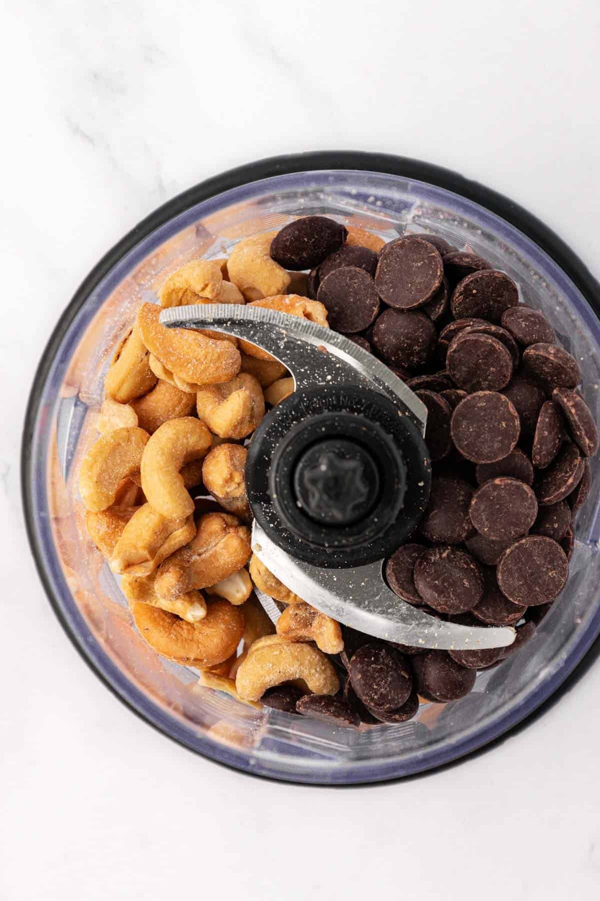 dark chocolate chips and cashews in a food processor