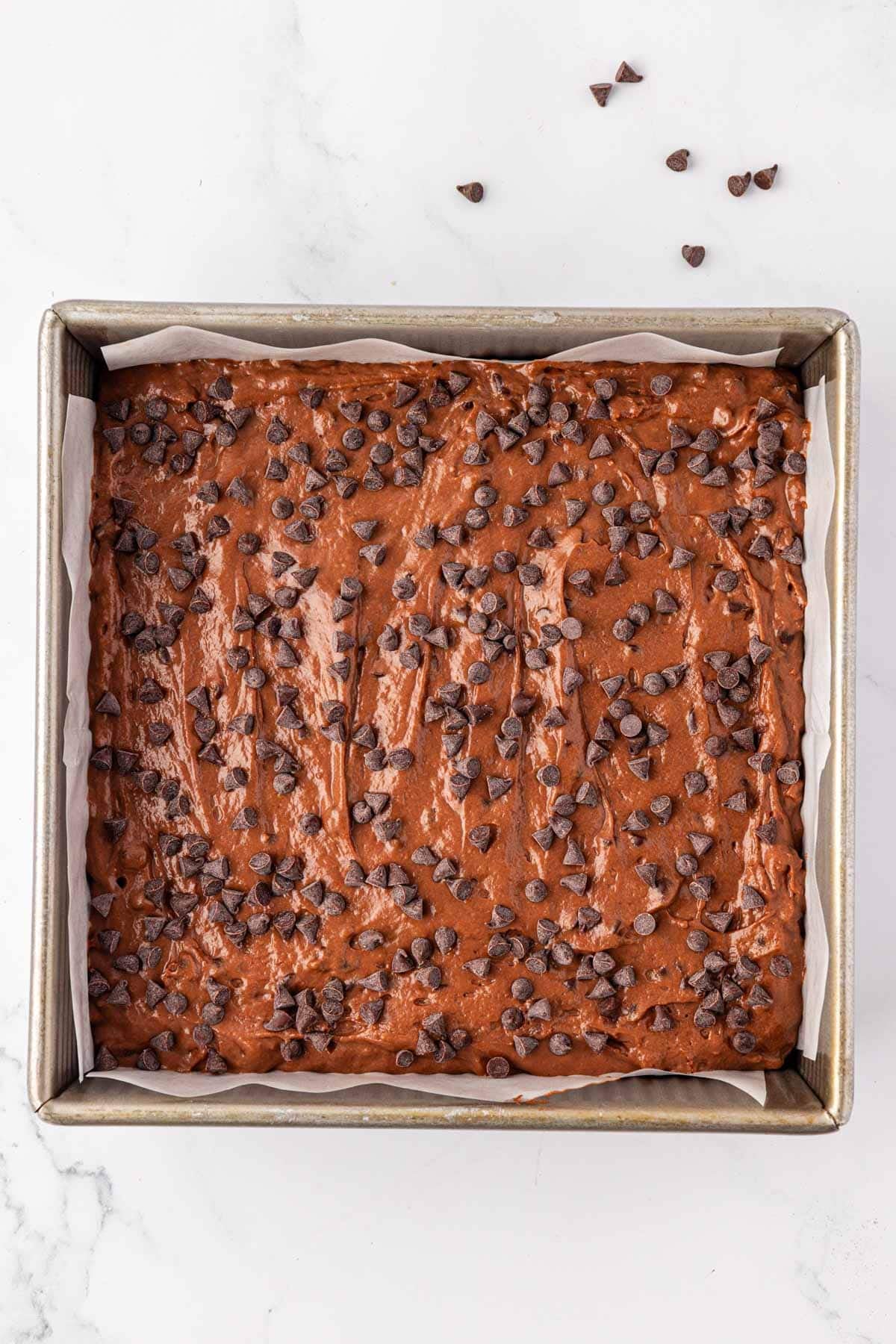 batter in the cake pan topped with mini chocolate chips