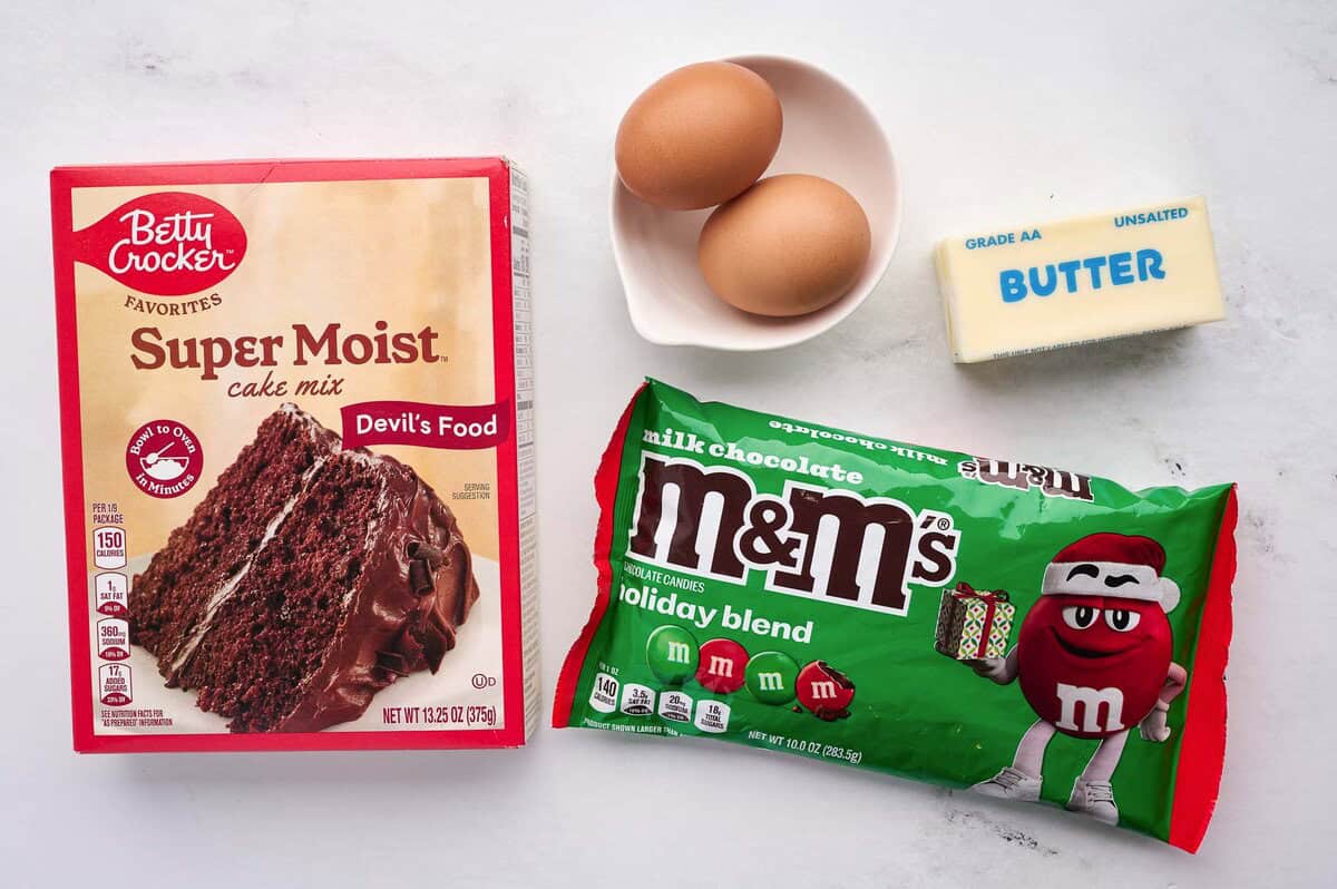 chocolate cake mix, m&m's, eggs, and butter