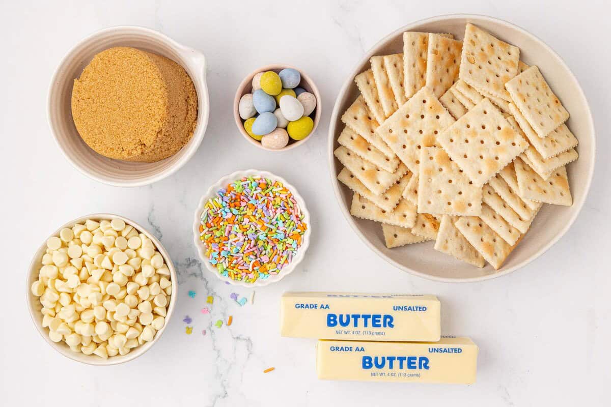 brown sugar, white chocolate chips, sprinkles, cadbury mini eggs, butter, and saltine crackers