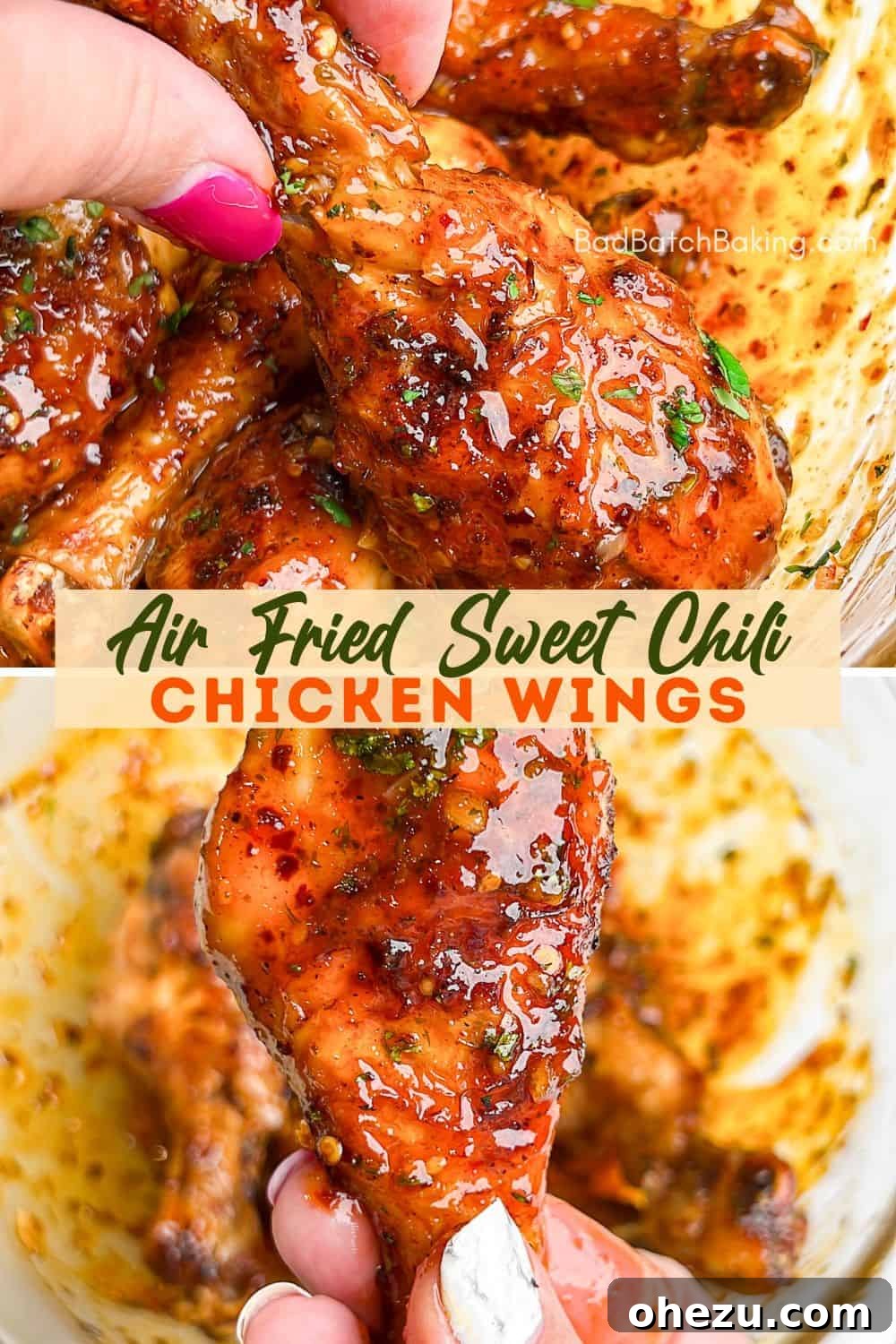 Crispy Air-Fried Sweet Chili Wings 11 Crispy oven-baked chicken wings on a wire rack, glistening and golden brown.