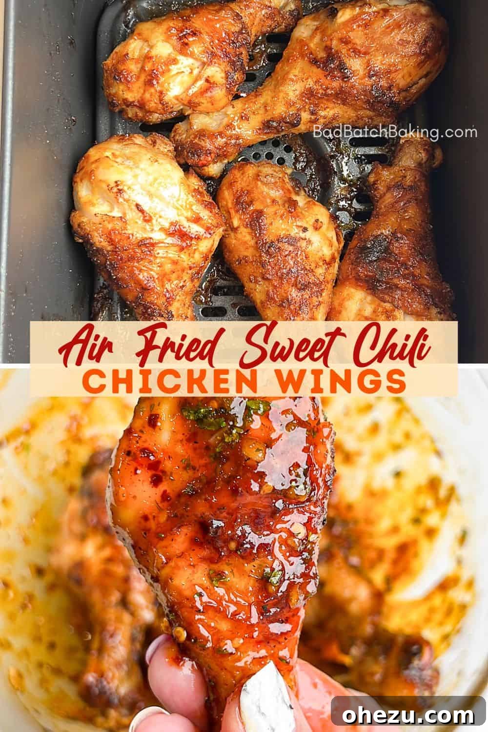 Crispy Air-Fried Sweet Chili Wings 14 Vertical Pinterest image showcasing the irresistible stickiness and crispiness of Sweet Chili Chicken Wings.