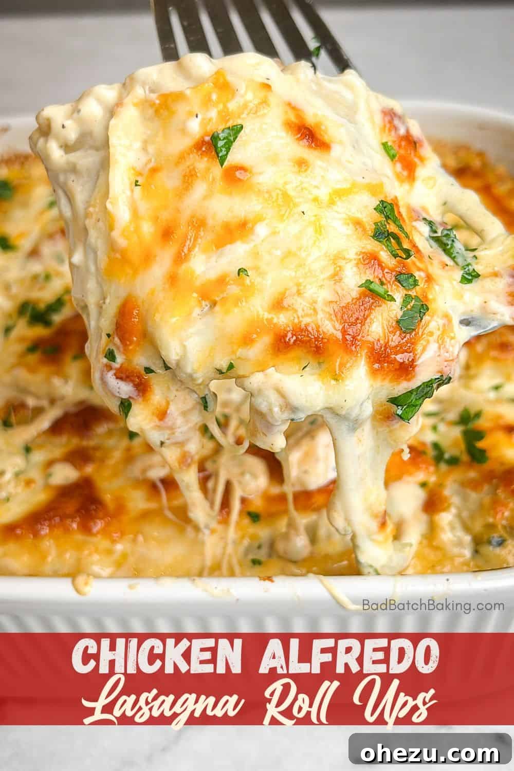 Creamy Blackened Chicken Lasagna Pinwheels 16 Close up of a single Chicken Alfredo Lasagna Roll Up