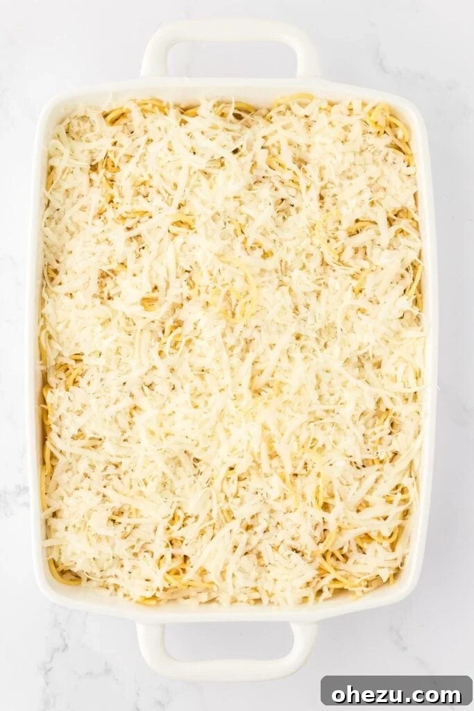 A layer of mixed grated cheeses, including mozzarella and parmesan, sprinkled over the spaghetti in the casserole dish.