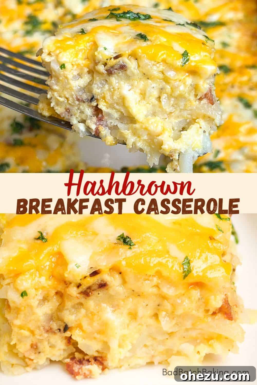 Close-up of a slice of breakfast casserole with hashbrowns, showing layers of eggs, cheese, and bacon