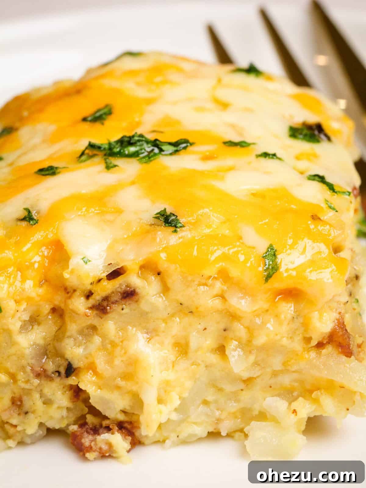 Unbaked breakfast casserole, prepped for overnight refrigeration