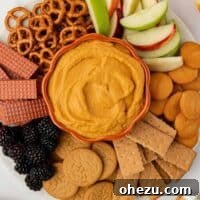 Pumpkin dip artfully arranged on a rustic board, surrounded by an assortment of crackers, crisp apple slices, savory pretzels, and vibrant fresh fruit