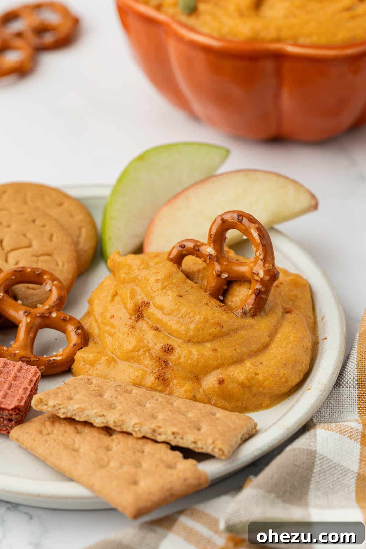 A crisp pretzel stick carefully dipped into a rich, creamy pumpkin dip, resting on a white plate