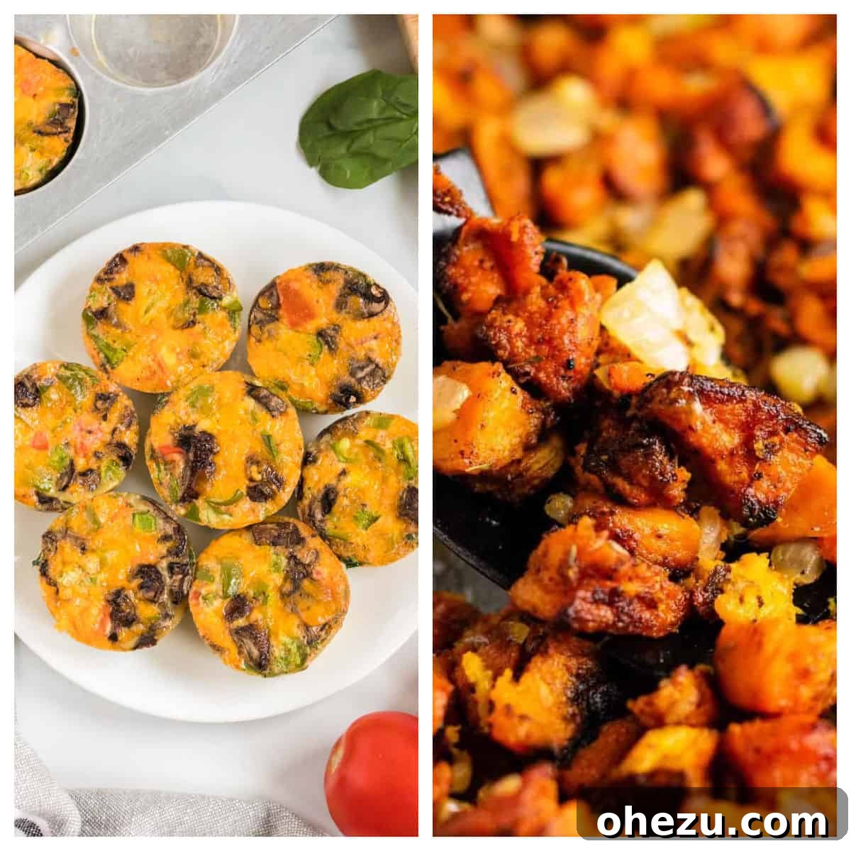 Plant-Powered Perfection 11 A delicious collage featuring fluffy egg muffin cups and a savory sweet potato hash, showcasing excellent vegetarian breakfast meal prep options.
