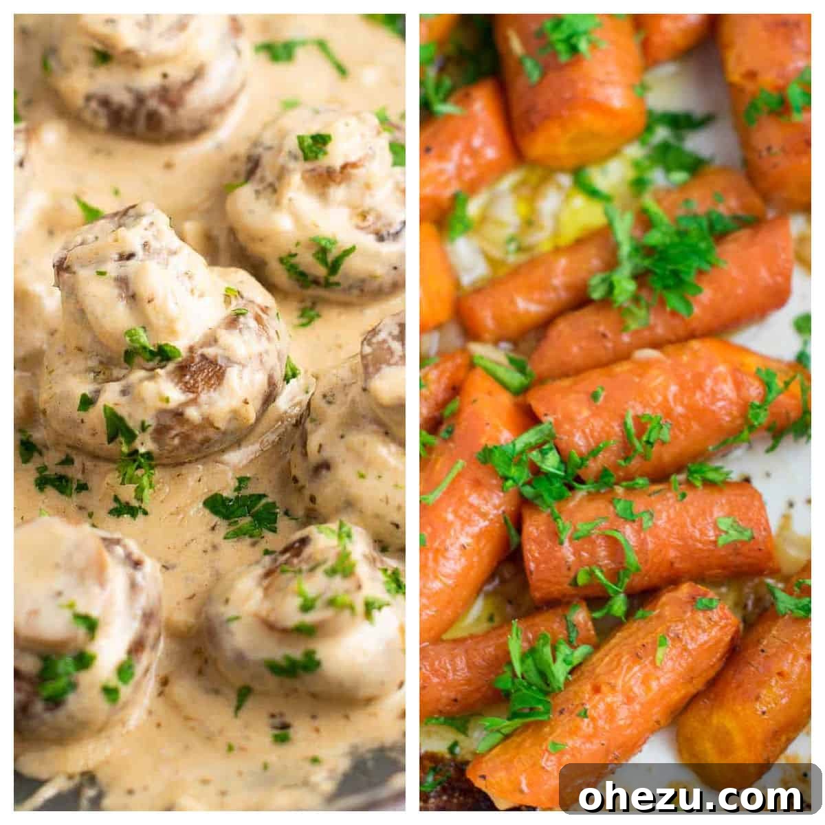 Plant-Powered Perfection 12 A delectable collage showcasing creamy garlic mushrooms and perfectly roasted garlic butter carrots, highlighting irresistible vegetarian side dish ideas.
