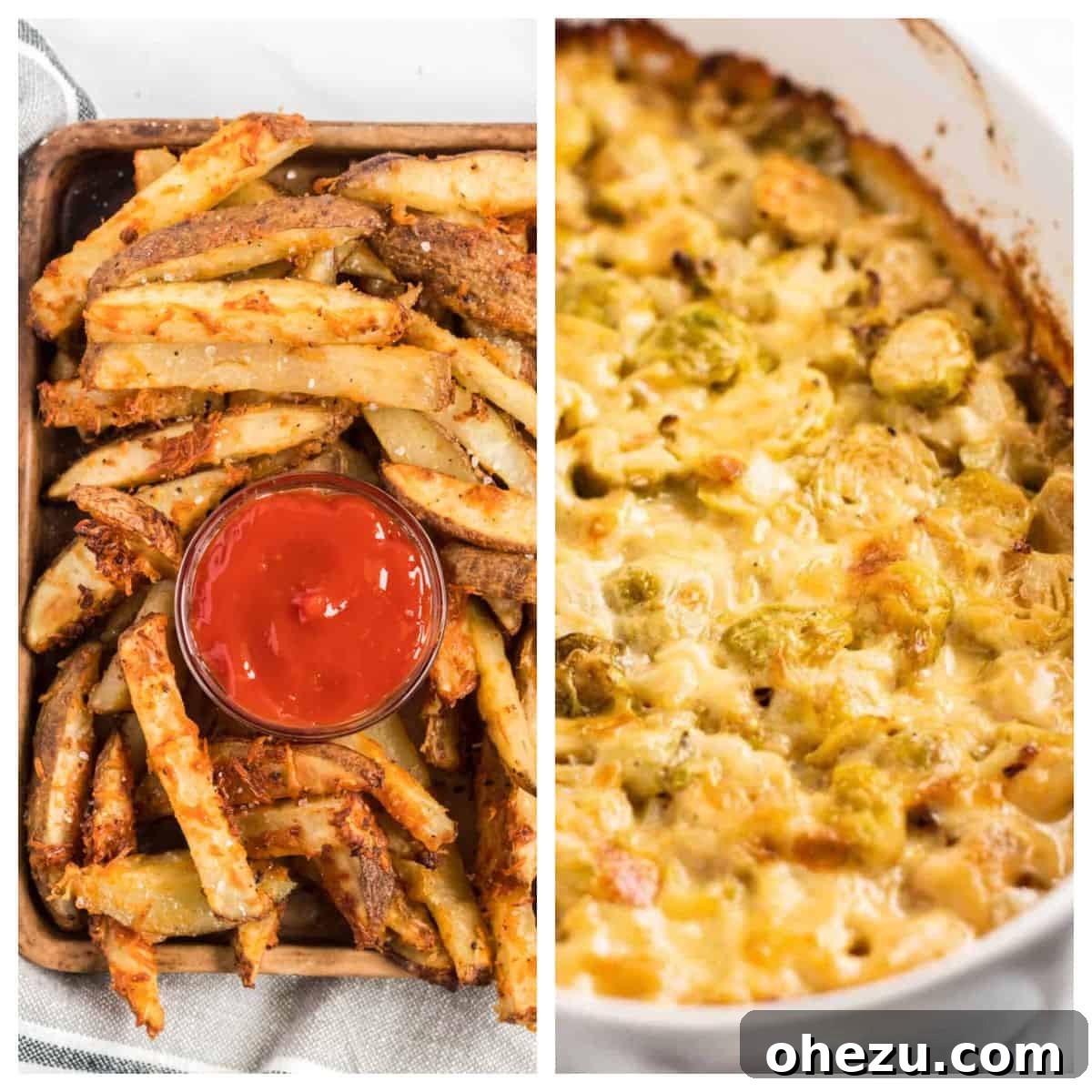 Plant-Powered Perfection 13 A tempting collage featuring golden-brown potato wedges and a creamy brussel sprouts gratin, highlighting delicious vegetarian side dish options.