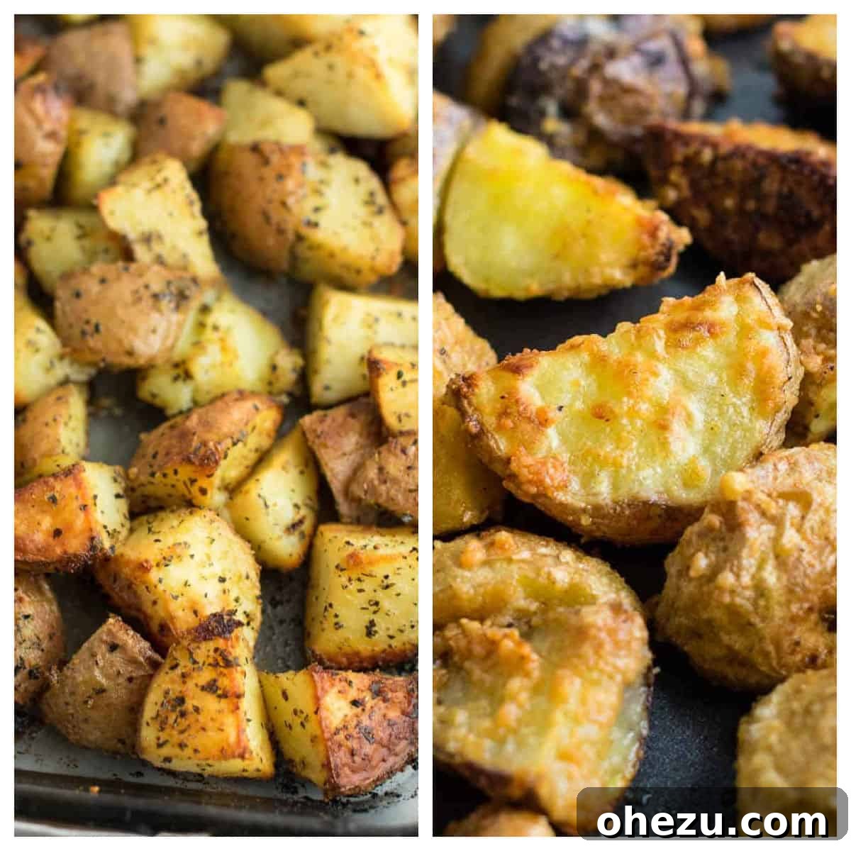 Plant-Powered Perfection 14 A delightful collage showcasing tender baby red potatoes and crispy garlic parmesan potatoes, highlighting versatile and delicious potato-based vegetarian dishes.