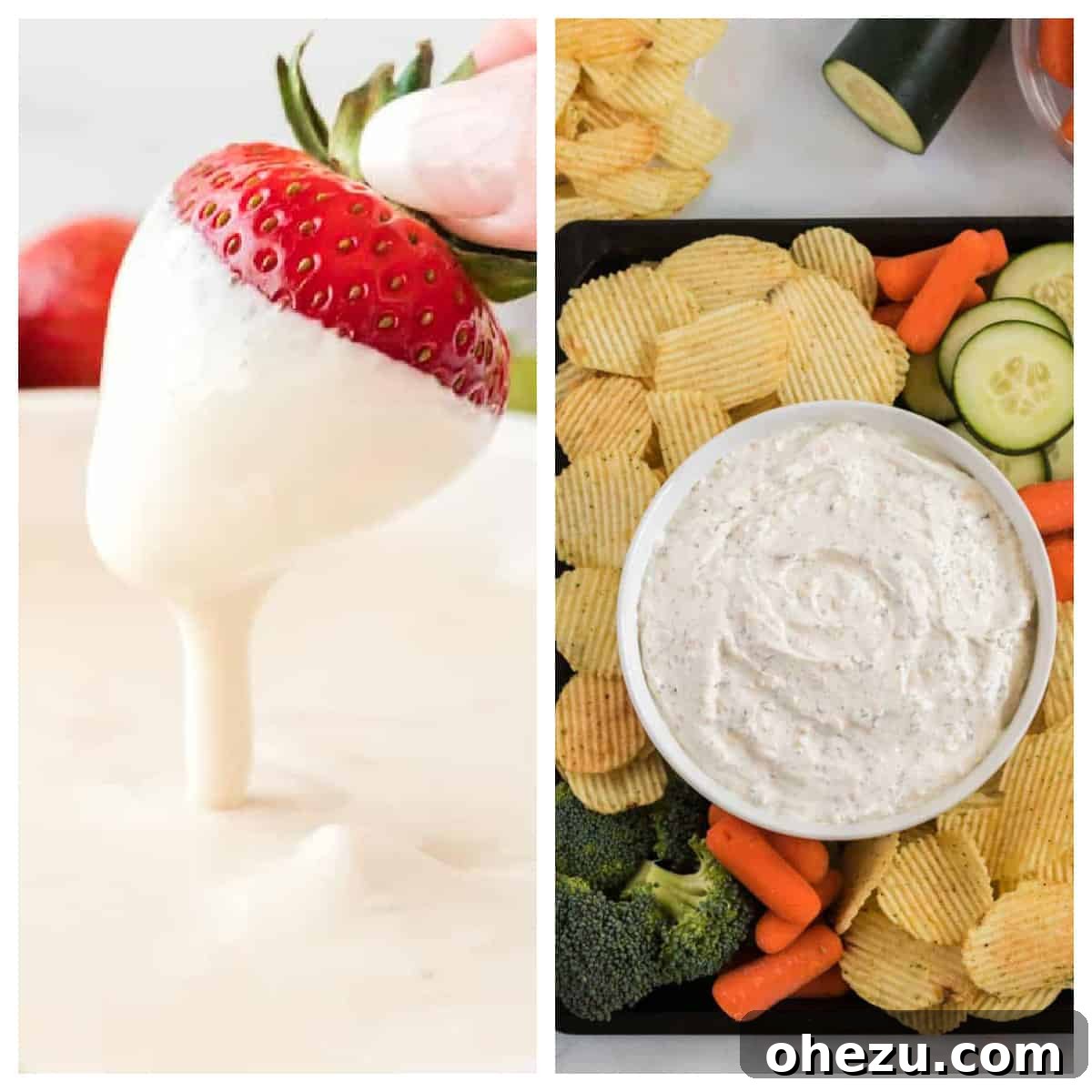 Plant-Powered Perfection 15 A delightful collage showcasing a creamy fruit dip with colorful fruit skewers and a savory chip dip with fresh vegetables, perfect for vegetarian entertaining.