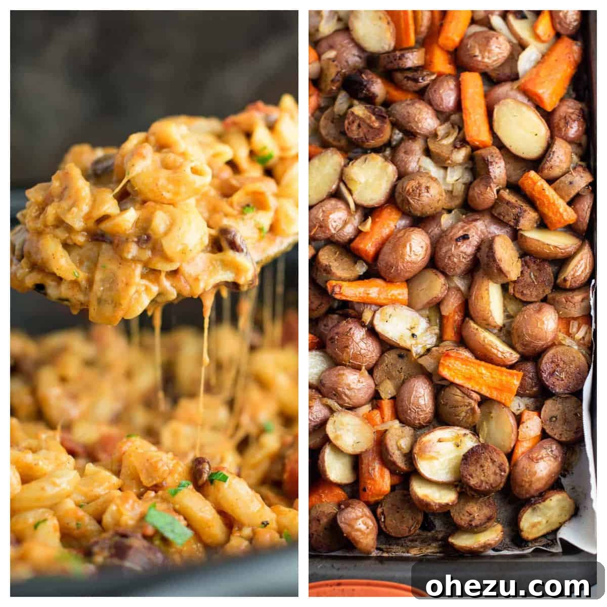 Plant-Powered Perfection 18 A comforting collage featuring a cheesy slow cooker chili mac and a vibrant sheet pan vegetarian dinner, showcasing easy and satisfying meatless meals.