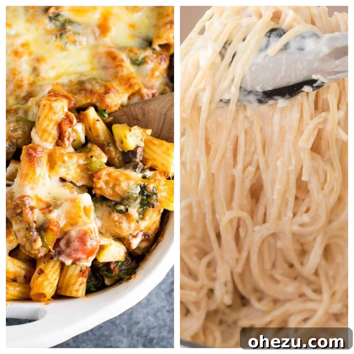 Plant-Powered Perfection 4 A collage featuring two irresistible vegetarian pasta dishes: a vibrant Veggie Lover's Pasta Bake and a rich, creamy Cream Cheese Pasta, showcasing their inviting textures and colors.