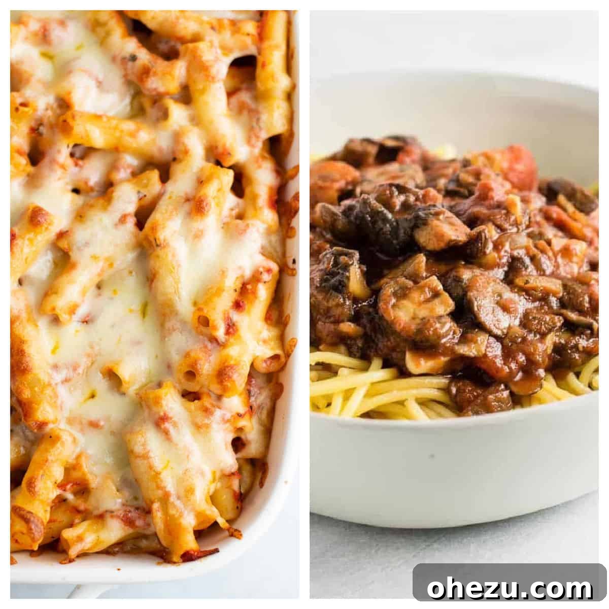 Plant-Powered Perfection 5 A vibrant collage featuring a bubbling vegetarian baked ziti and a rich, savory meatless spaghetti sauce, highlighting delicious plant-based Italian meal ideas.