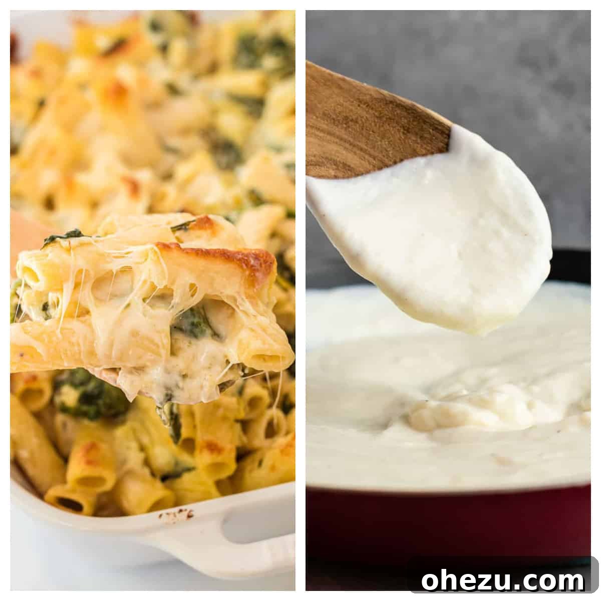 Plant-Powered Perfection 6 A enticing collage showcasing two flavorful vegetarian pasta dishes: a bubbly Spinach Artichoke Pasta Bake and a rich, creamy Cauliflower Alfredo Sauce.